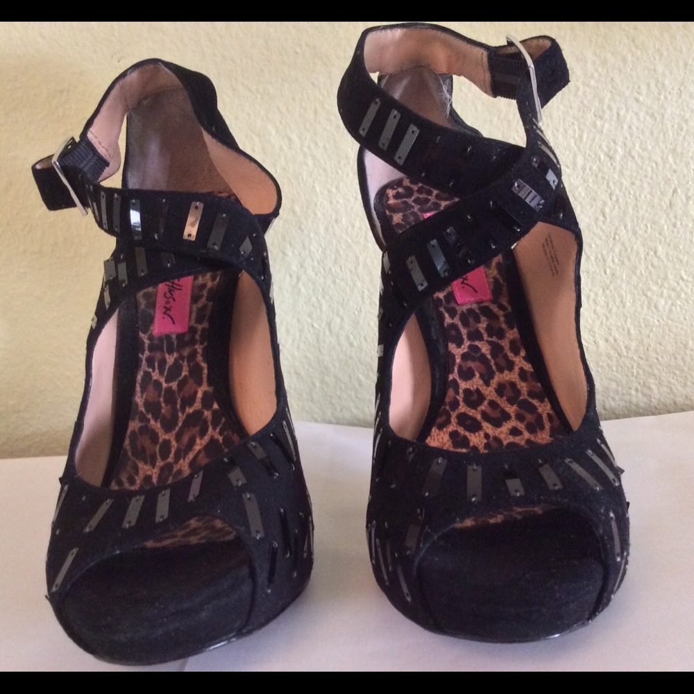 Betsy Johnson Black Leather Suede Sequin 5” High Heel Open Toe